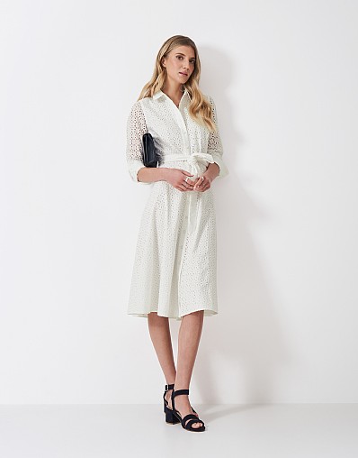 Henley Broderie Shirt Dress in White