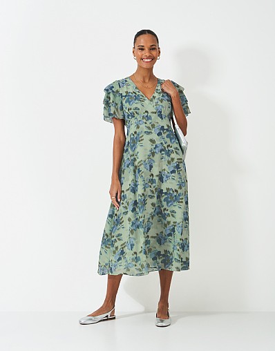 Henley Flutter Sleeve Dress in Green Floral