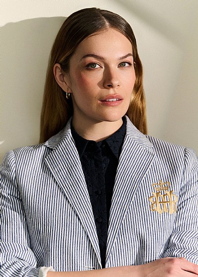 Henley Striped Seersucker Blazer in Blue