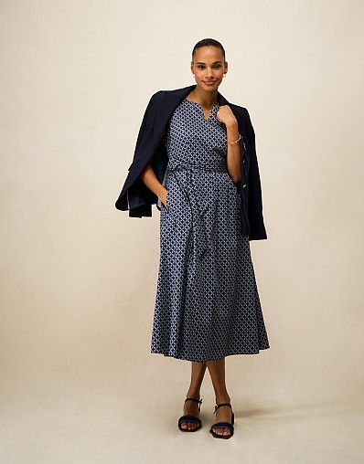 Henley Sleeveless Fit-&-Flare Dress in Navy & White Geo Print