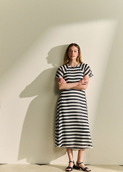 Henley Flutter-Sleeve Midi Dress in Navy & White Stripe