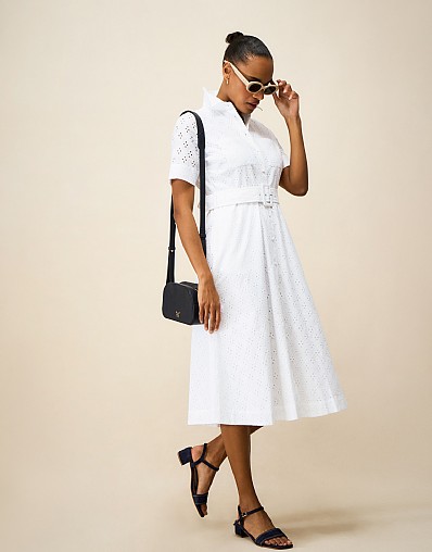 Henley Short Sleeve Broderie Shirt Dress in White