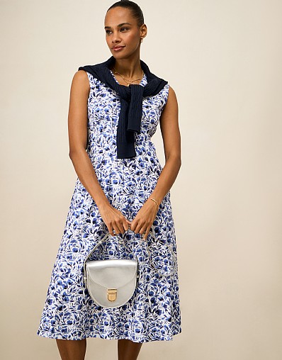 Henley Darted Dress in Blue & White Floral