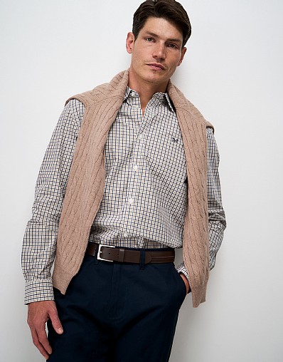 Poplin Multi Check Classic Fit Shirt in Navy and Tan