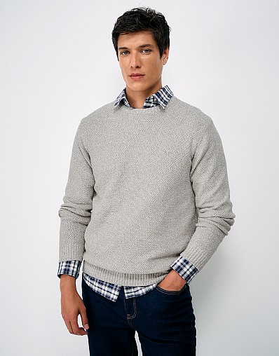 Textured Twist Crew Neck Jumper in Sand & White