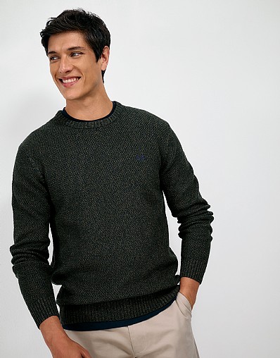 Textured Twist Crew Neck Jumper in Navy & Green