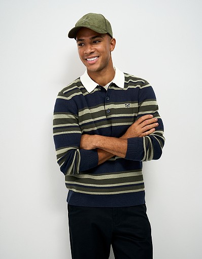 Knitted Cotton Rugby Stripe Polo Shirt in Olive Green