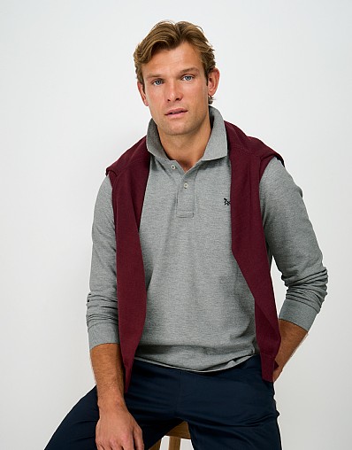 Long Sleeve Cotton Blend Piqué Polo Shirt in Grey Marl