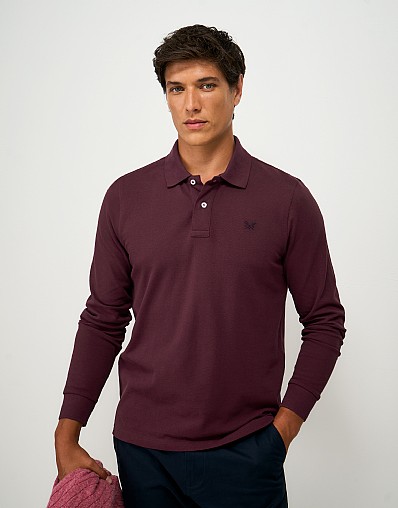 Long Sleeve Cotton Blend Piqué Polo Shirt in Burgundy