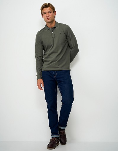 Long Sleeve Cotton Blend Piqué Polo Shirt in Olive Green