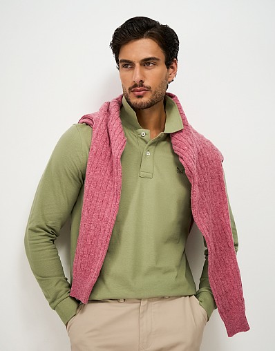 Long Sleeve Cotton Blend Piqué Polo Shirt in Green