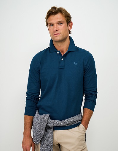 Long Sleeve Cotton Blend Piqué Polo Shirt in Sea Blue