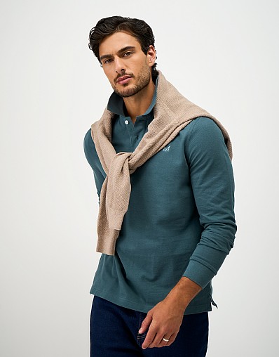 Long Sleeve Cotton Blend Piqué Polo Shirt in Teal Blue