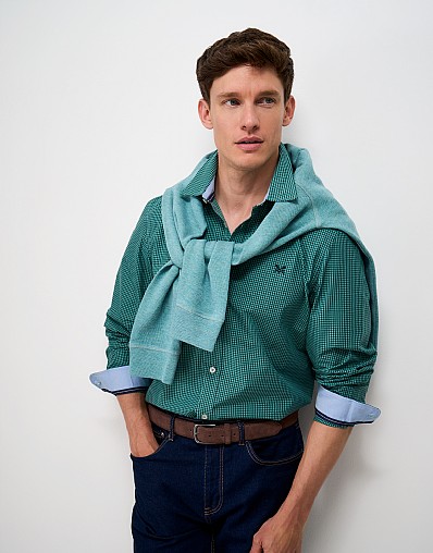 Poplin Micro Gingham Classic Fit Shirt in Navy and Green