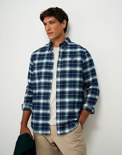 Cotton Flannel Check Shirt in Teal, Navy and White