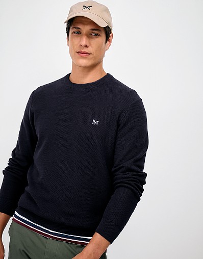 Organic Cotton Piqué Stitch Crew Neck Jumper in Dark Navy