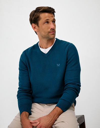 Organic Cotton Piqué Stitch V-Neck Jumper in Blue