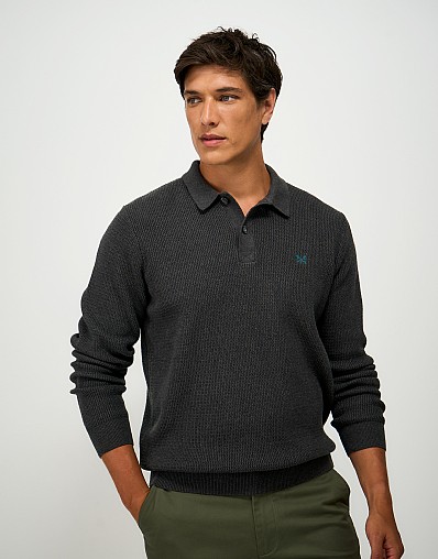 Textured Rib Button Up Long Sleeve Top in Charcoal