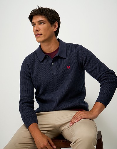 Textured Rib Button Up Long Sleeve Top in Navy