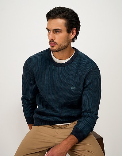 Fisherman Rib Plaited Crew Neck Jumper in Navy