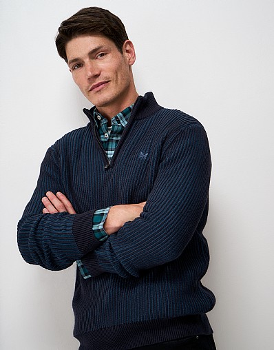 Cotton Fisherman Rib Quarter Zip Jumper in Dark Navy