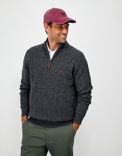 Lambswool Cable Half Zip Jumper in Charcoal Marl