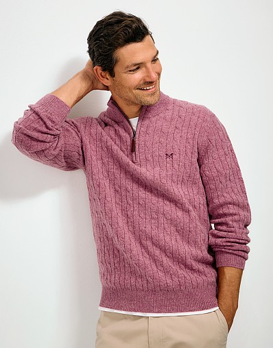 Lambswool Cable Half Zip Jumper in Rose Pink Marl