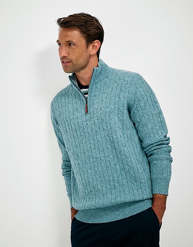 Lambswool Cable Half Zip Jumper in Blue Marl