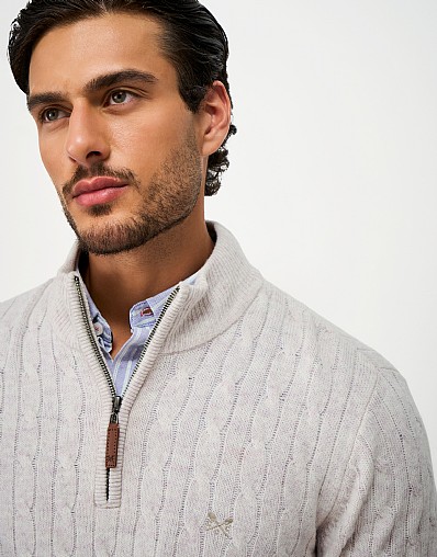 Lambswool Cable Half Zip Jumper in Grey Marl
