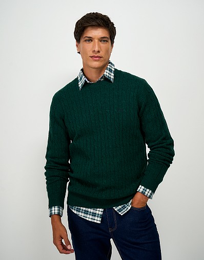 Lambswool Cable Crew Neck Jumper in Bottle Green Marl