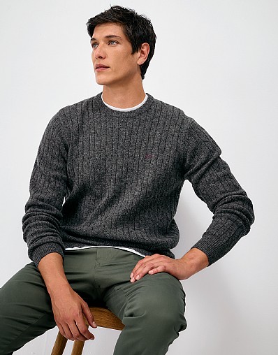 Lambswool Cable Crew Neck Jumper in Charcoal Marl