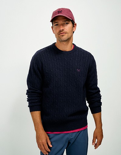Lambswool Cable Crew Neck Jumper in Navy