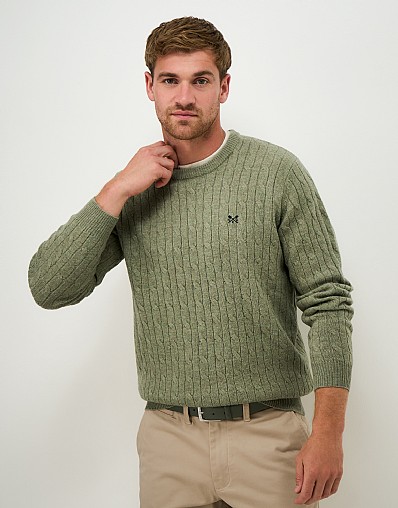 Lambswool Cable Crew Neck Jumper in Olive Green