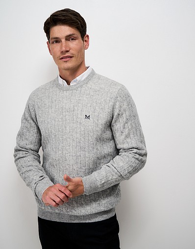 Lambswool Cable Crew Neck Jumper in Grey Marl