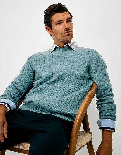 Lambswool Cable Crew Neck Jumper in Teal Blue Marl