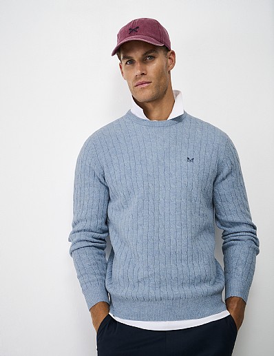 Lambswool Cable Crew Neck Jumper in Blue Marl