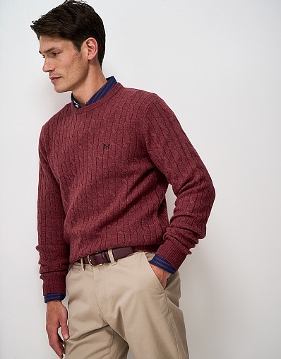 Lambswool Cable Crew Neck Jumper in Red Marl