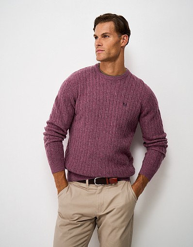 Lambswool Cable Crew Neck Jumper in Purple Marl