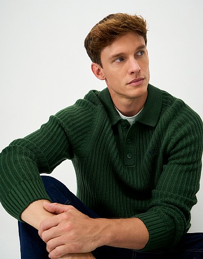 Textured Rib Collared Jumper in Green