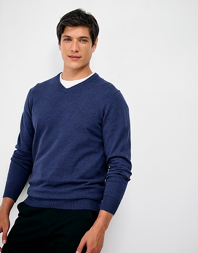 Organic Cotton V-Neck Jumper in Blue Marl
