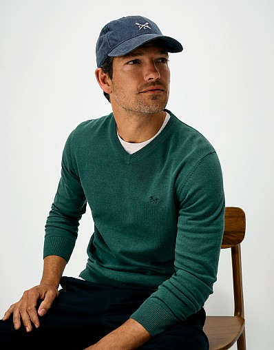 Organic Cotton V-Neck Jumper in Green Marl
