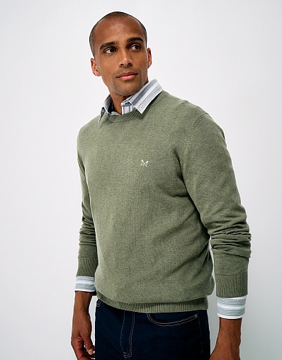 Organic Cotton Crew Neck Jumper in Olive Green Marl