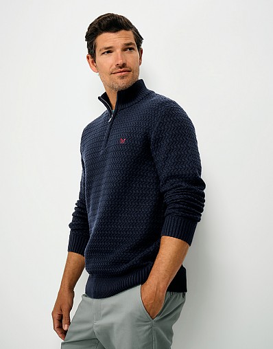 Cotton Basketweave Half Zip Jumper in Dark Navy