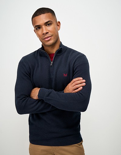 Organic Cotton Pique Stitch Quarter Zip Jumper in Navy