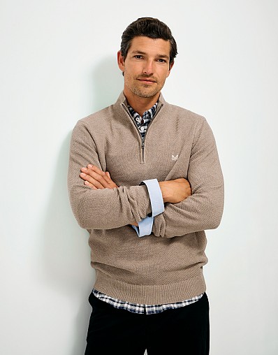 Organic Cotton Pique Stitch Quarter Zip Jumper in Beige Marl