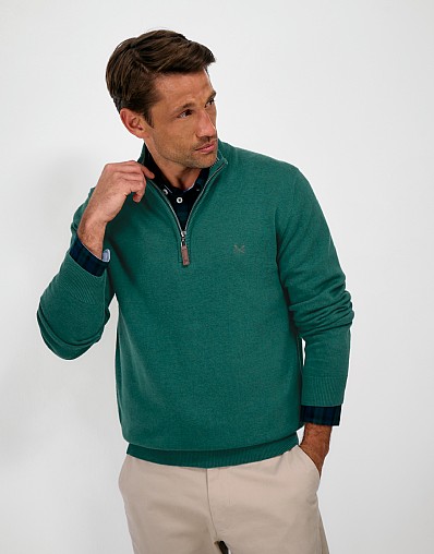 Organic Cotton Half Zip Jumper in Dark Green Marl