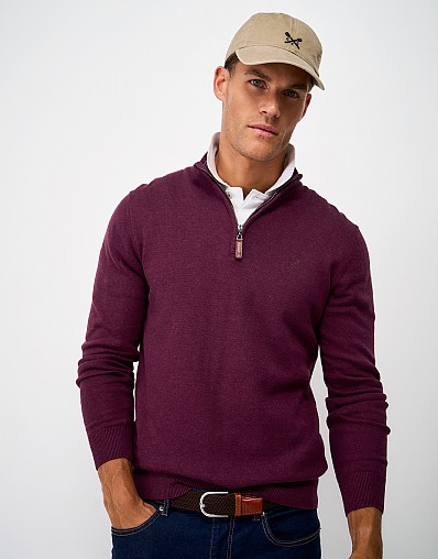 Organic Cotton Half Zip Jumper in Wine Red Marl