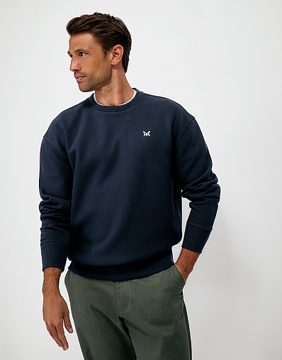 Pique Crew Neck Sweatshirt in Navy