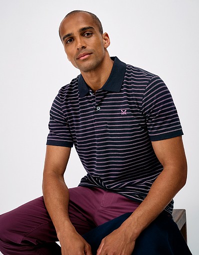 Thin Birdseye Stripe Pique Polo in Navy and Pink