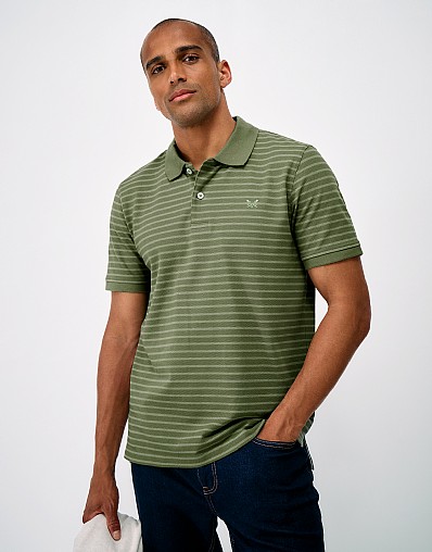 Thin Birdseye Stripe Pique Polo in Olive and Ecru
